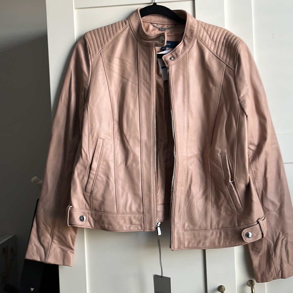 Cole Haan Collarless Moto Leather Jacket
